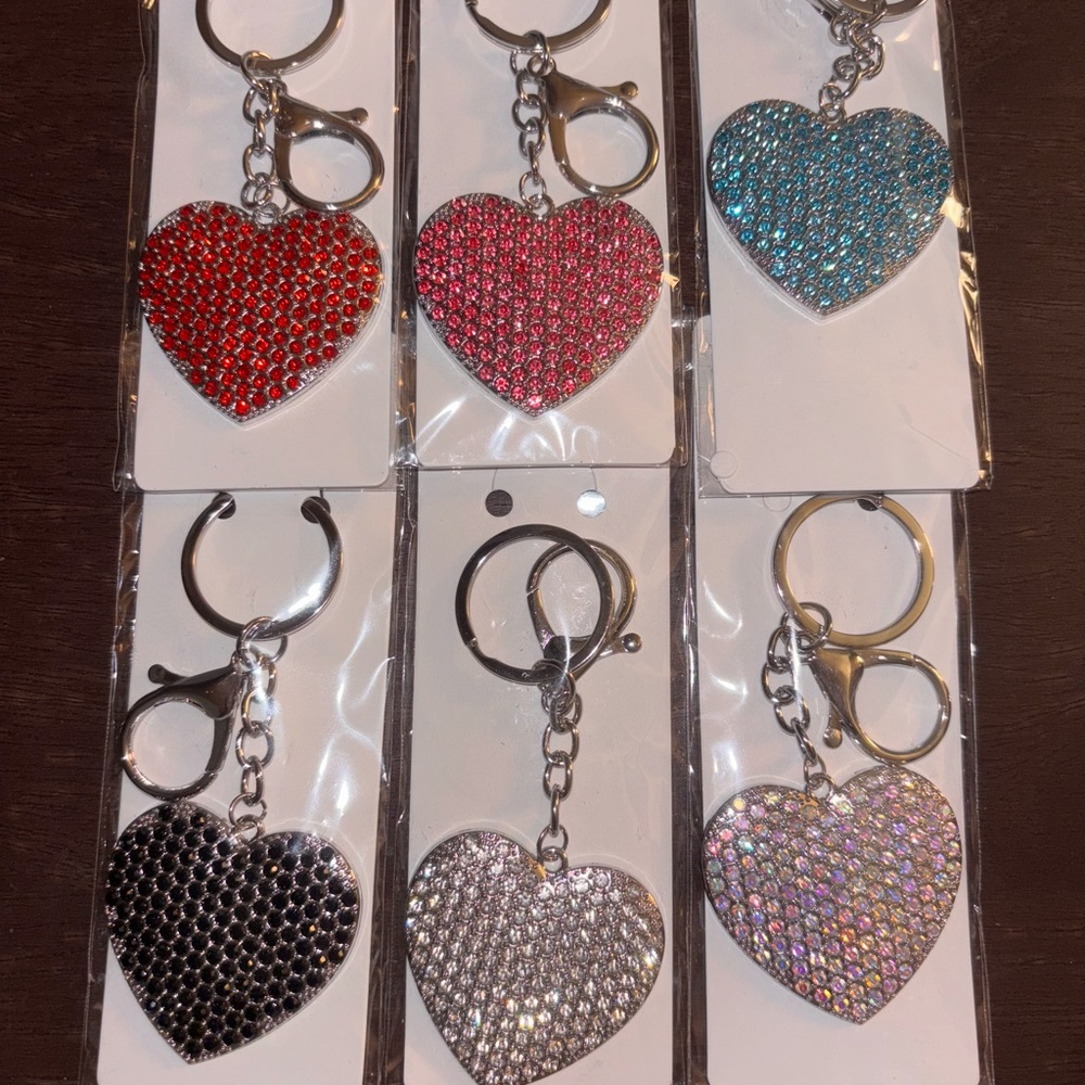 Heart-Shaped Rhinestone Keychain Singles. Red, Pink, Blue, Black, Silver,